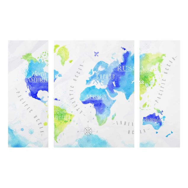 Glasschilderijen - 3-delig World Map Watercolour Blue Green