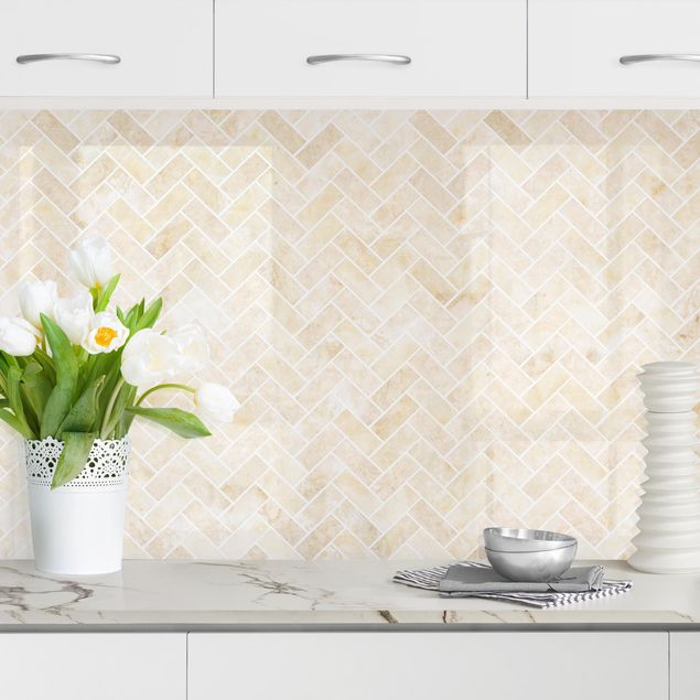 Achterwand voor keuken tegelmotief Marble Fish Bone Tiles - Sand Light-Coloured Joints