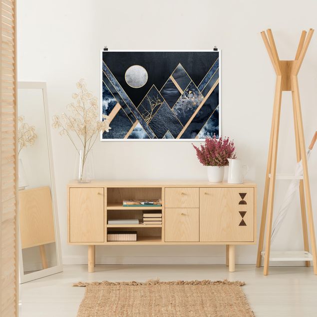 Posters Golden Moon Abstract Black Mountains