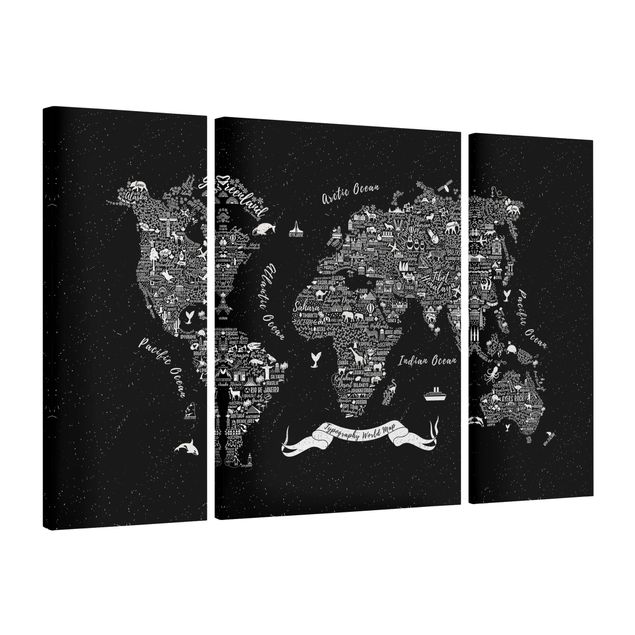 Canvas schilderijen - 3-delig Typography World Map Black