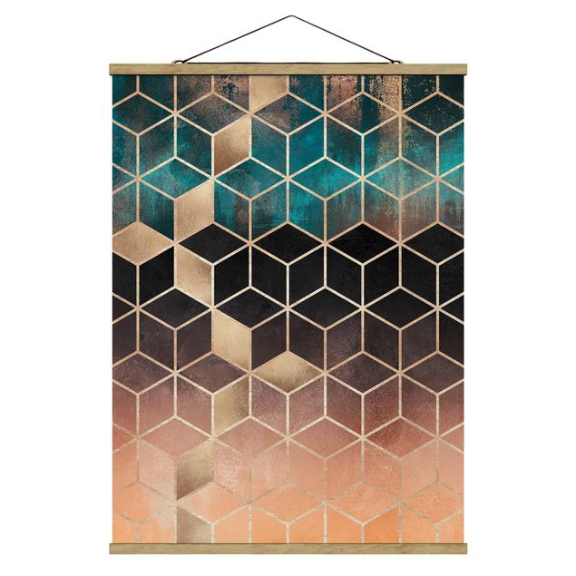 Stoffen schilderij met posterlijst Turquoise Rosé Golden Geometry