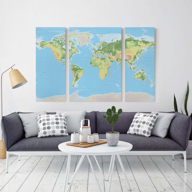 Canvas schilderijen - 3-delig Physical World Map