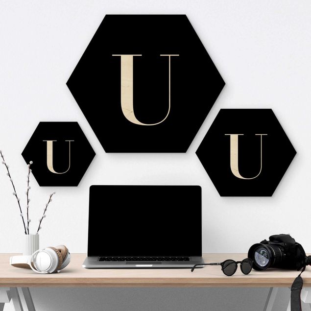 Hexagons houten schilderijen Letter Serif Black U