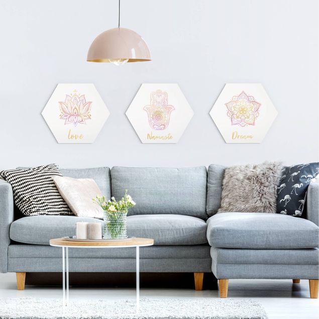 Hexagons Forex schilderijen - 3-delig Mandala Namaste Lotus Set Gold Light Pink
