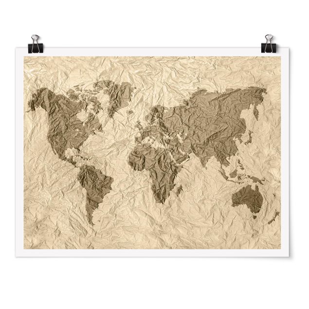 Posters Paper World Map Beige Brown