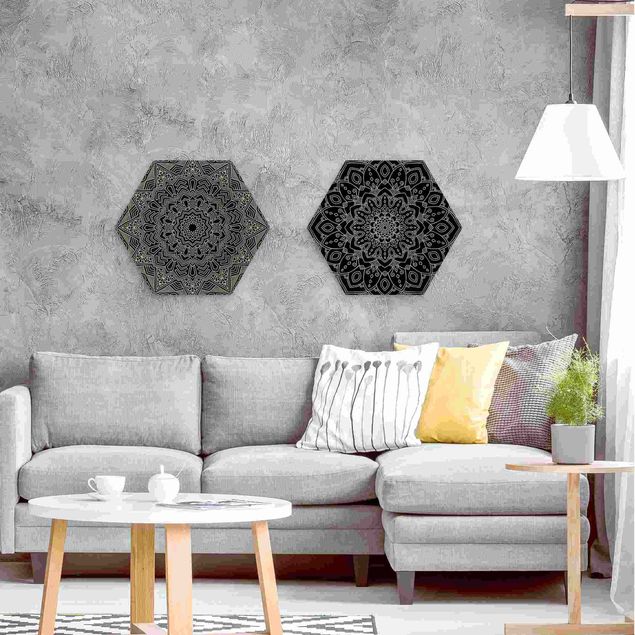Hexagons houten schilderijen - 2-delig Mandala Flower Star Pattern Black