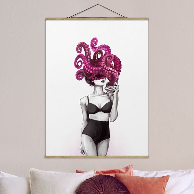 Stoffen schilderij met posterlijst Illustration Woman In Underwear Black And White Octopus