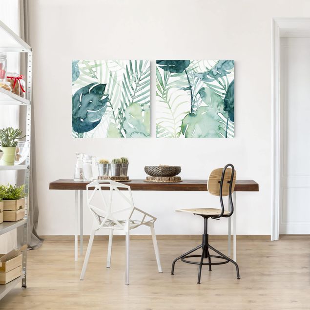 Canvas schilderijen - 2-delig  Palm Fronds In Water Color Set I