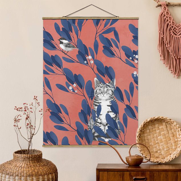 Stoffen schilderij met posterlijst Illustration Cat And Bird On Branch Blue Red