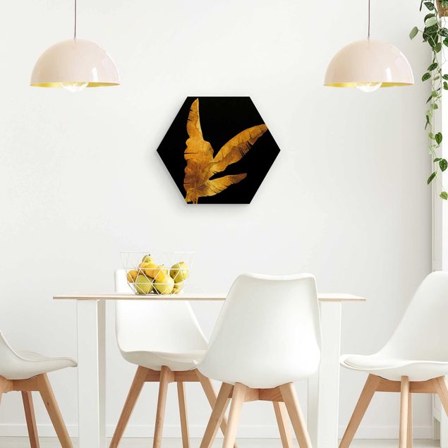 Hexagons houten schilderijen Gold - Banana Plant On Black