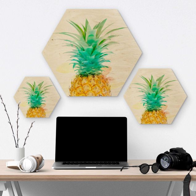 Hexagons houten schilderijen Pineapple Watercolour