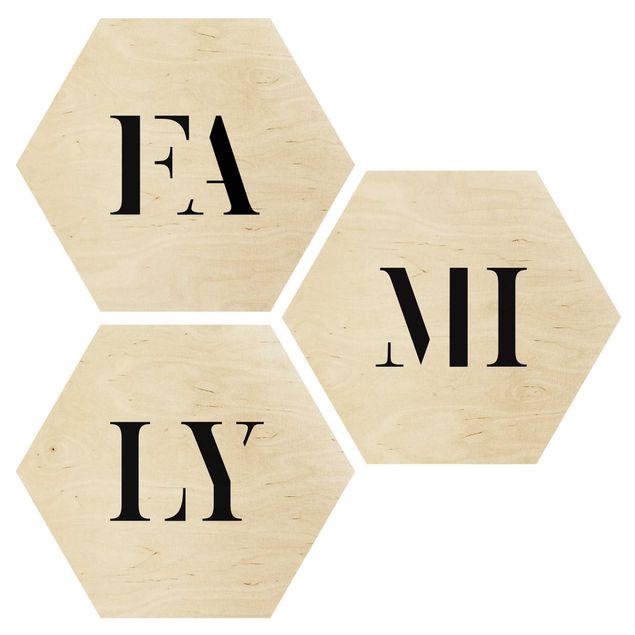 Hexagons houten schilderijen - 3-delig Letters FAMILY Black Set I