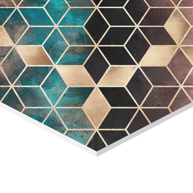 Hexagons Forex schilderijen - 2-delig Turquoise Geometry Golden Art Deco Set