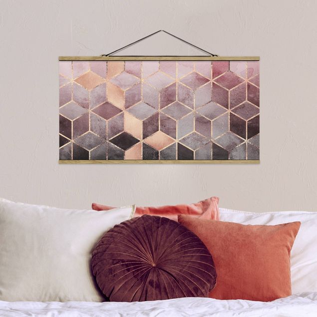 Stoffen schilderij met posterlijst Pink Grey Golden Geometry