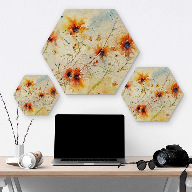Hexagons houten schilderijen Painted Flowers