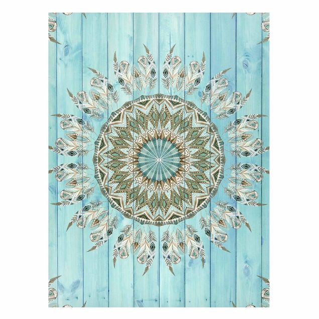 Magneetborden Mandala Watercolour Feathers Blue Green Wooden Boards