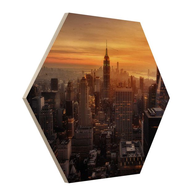 Hexagons houten schilderijen Manhattan Skyline Evening