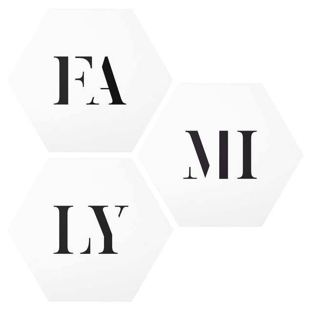 Hexagons Aluminium Dibond schilderijen - 3-delig Letters FAMILY Black Set I