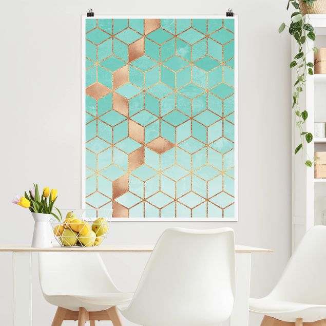 Posters Turquoise White Golden Geometry