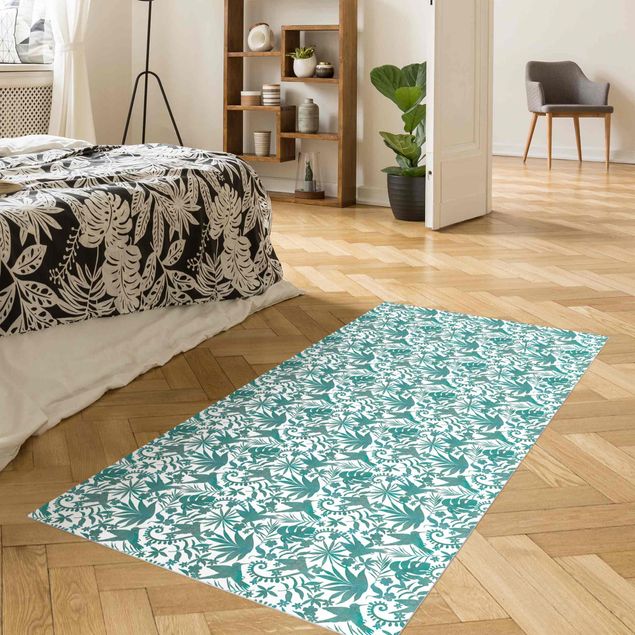 moderne vloerkleden Watercolour Hummingbird And Plant Silhouettes Pattern In Turquoise