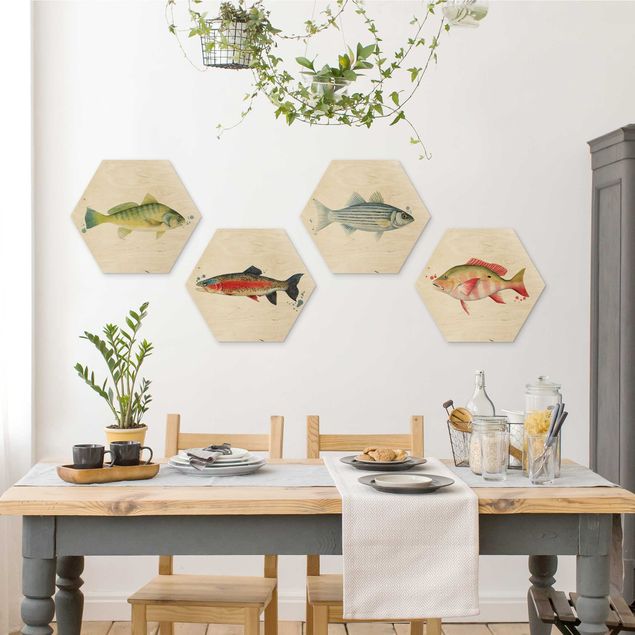 Hexagons houten schilderijen - 4-delig Ink Trap - Fish Set I