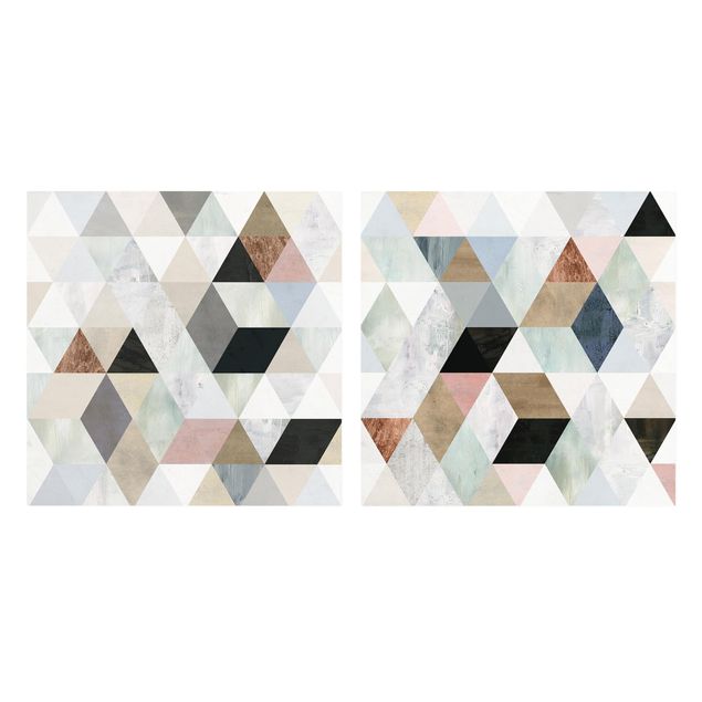 Canvas schilderijen - 2-delig  Watercolour Mosaic With Triangles Set I