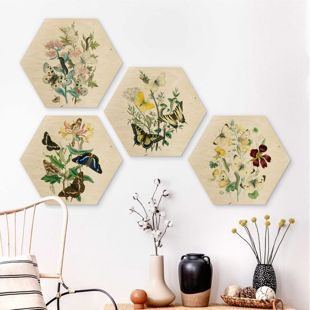 Hexagons houten schilderijen - 4-delig British Butterflies Set II