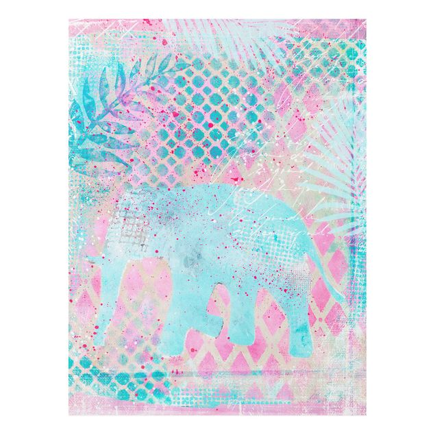 Forex schilderijen Colourful Collage - Elephant In Blue And Pink