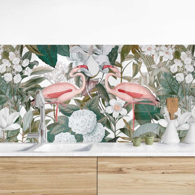 Achterwand voor keuken bloemen Pink Flamingos With Leaves And White Flowers