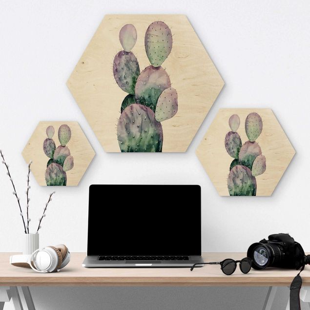 Hexagons houten schilderijen Cactus In Purple II