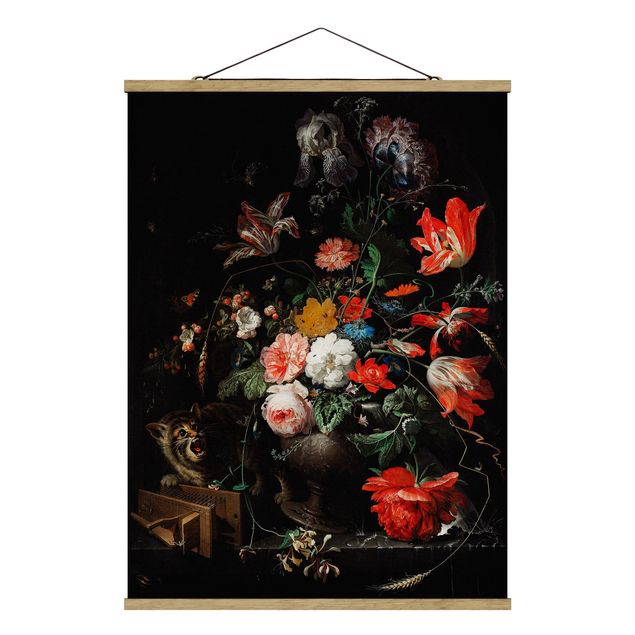 Stoffen schilderij met posterlijst Abraham Mignon - The Overturned Bouquet
