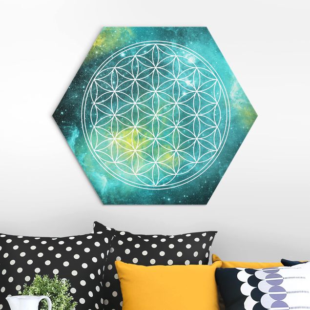 Hexagons Aluminium Dibond schilderijen Flower Of Life In Starlight