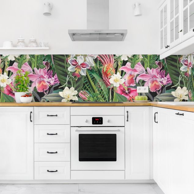 Achterwand voor keuken patroon Colourful Tropical Flowers Collage II