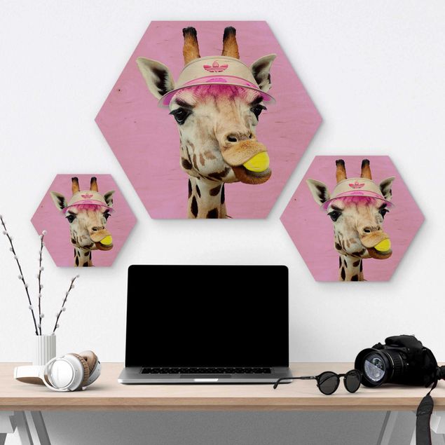 Hexagons houten schilderijen Giraffe Playing Tennis
