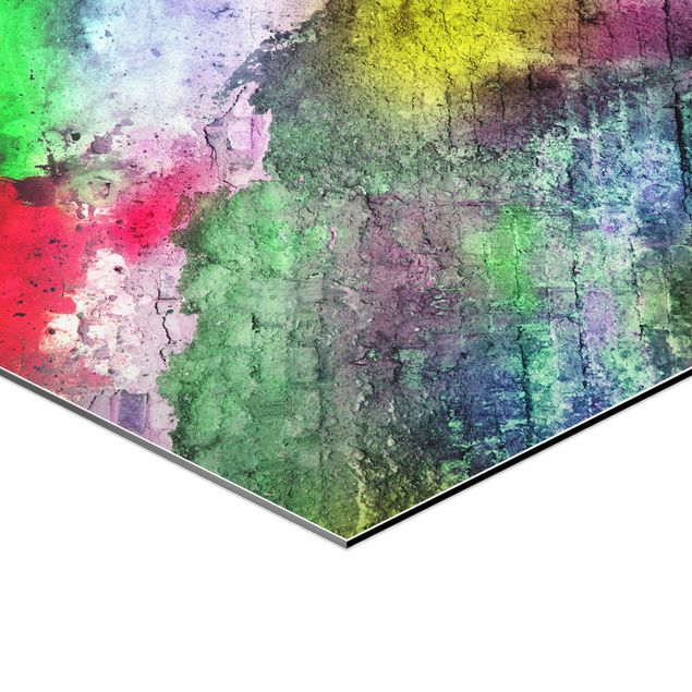 Hexagons Aluminium Dibond schilderijen Colourful Sprayed Old Brick Wall