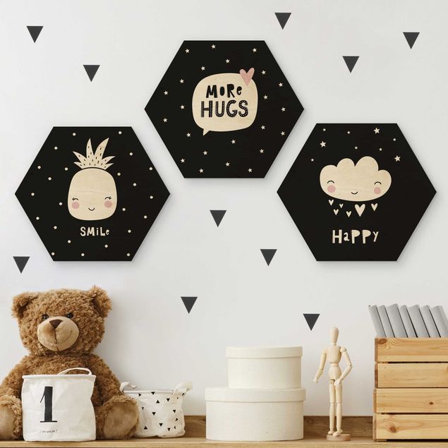 Hexagons houten schilderijen - 3-delig Happy Smile Hugs