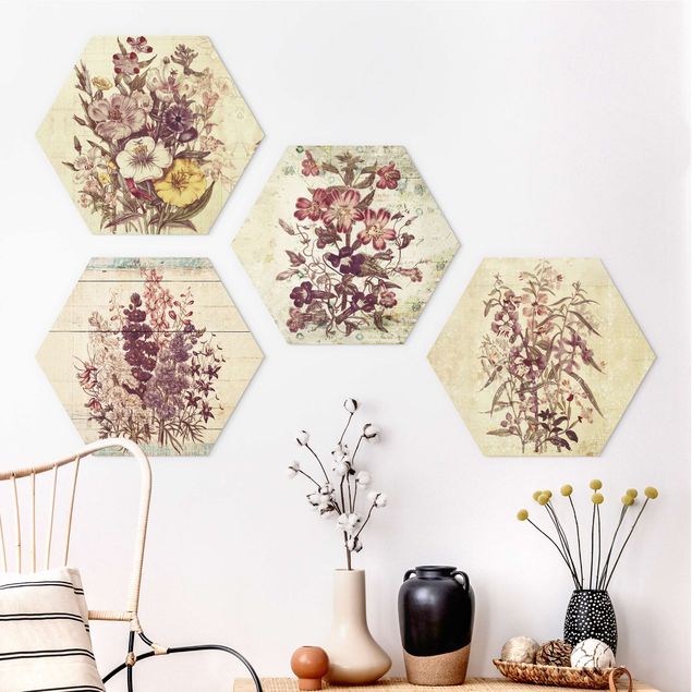 Hexagons Forex schilderijen - 4-delig Vintage Floral Collection