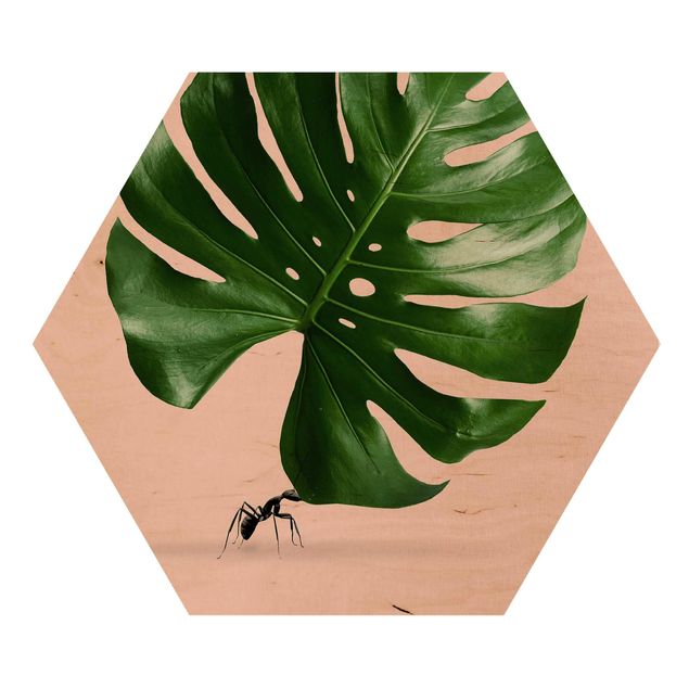 Hexagons houten schilderijen Ant With Monstera Leaf