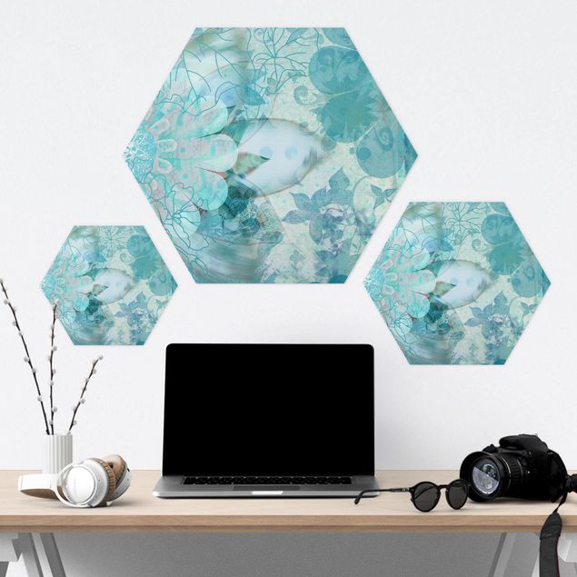 Hexagons Aluminium Dibond schilderijen Winter Flowers