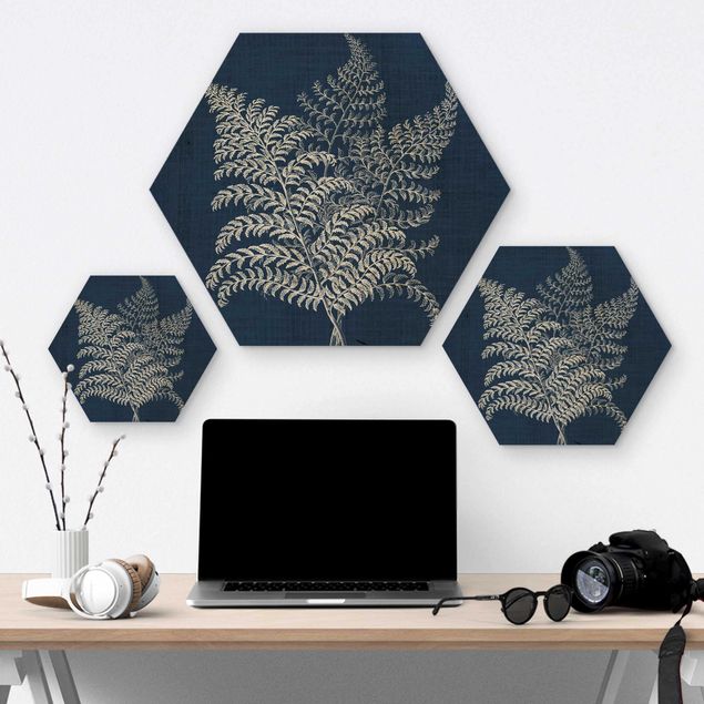 Hexagons houten schilderijen Denim Plant Study VI