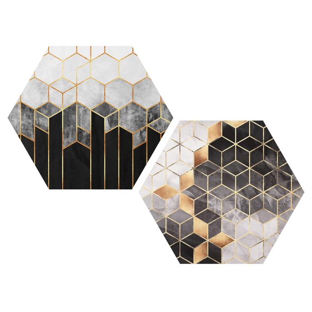 Hexagons Forex schilderijen - 2-delig Golden Geometry Watercolour Set