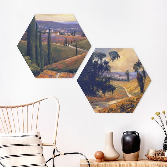 Hexagons Aluminium Dibond schilderijen - 2-delig Landscape In The Afternoon Set I