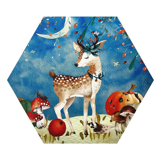 Hexagons Forex schilderijen Watercolor Deer In The Moonlight