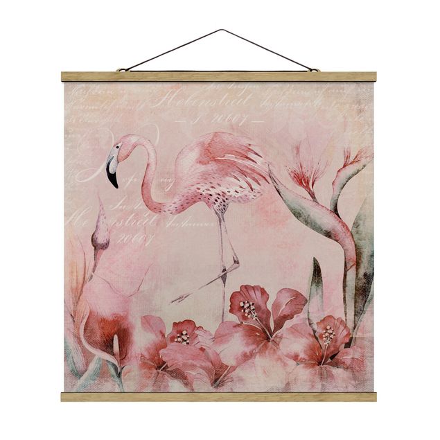 Stoffen schilderij met posterlijst Shabby Chic Collage - Flamingo
