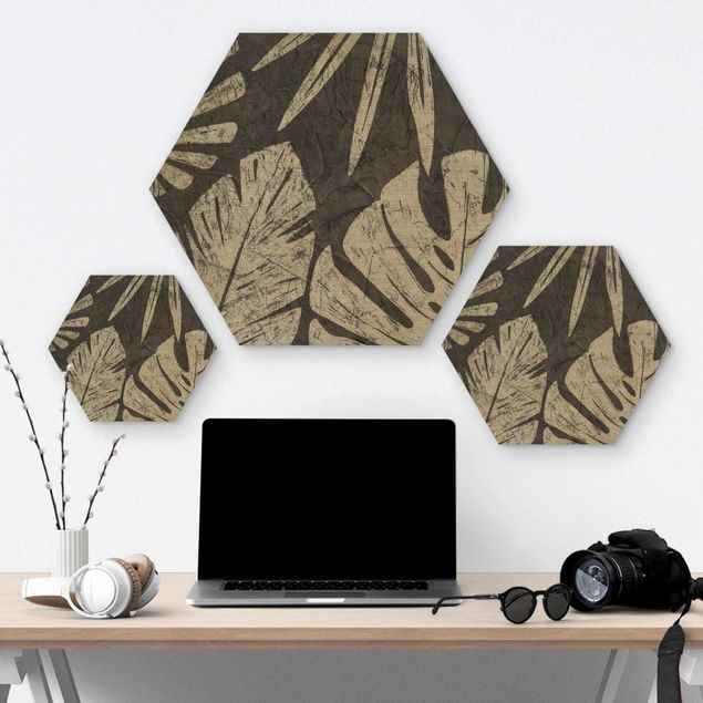 Hexagons houten schilderijen Palm Leaves Dark Grey Backdrop