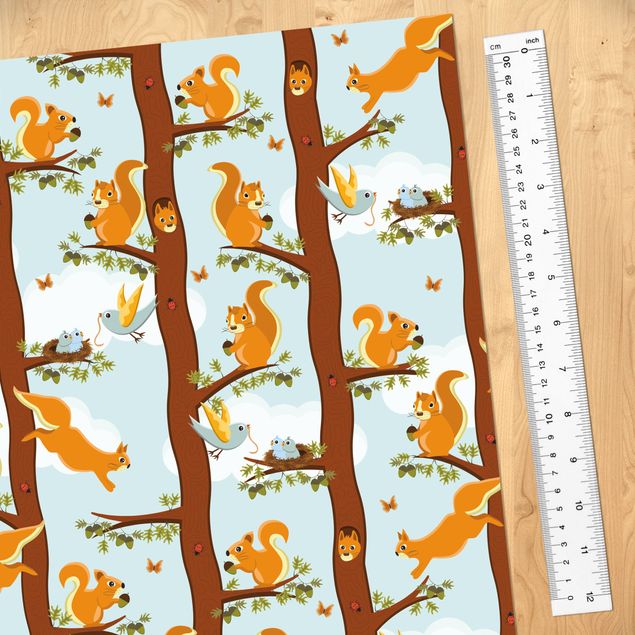Plakfolien Cute Kids Pattern With Squirrels And Baby Birds