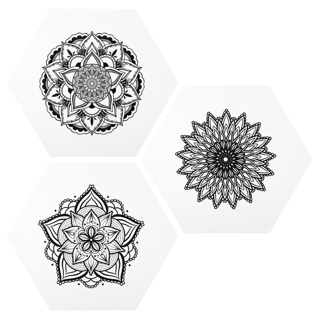 Hexagons Forex schilderijen - 3-delig Mandala Flower Sun Illustration Set Black And White
