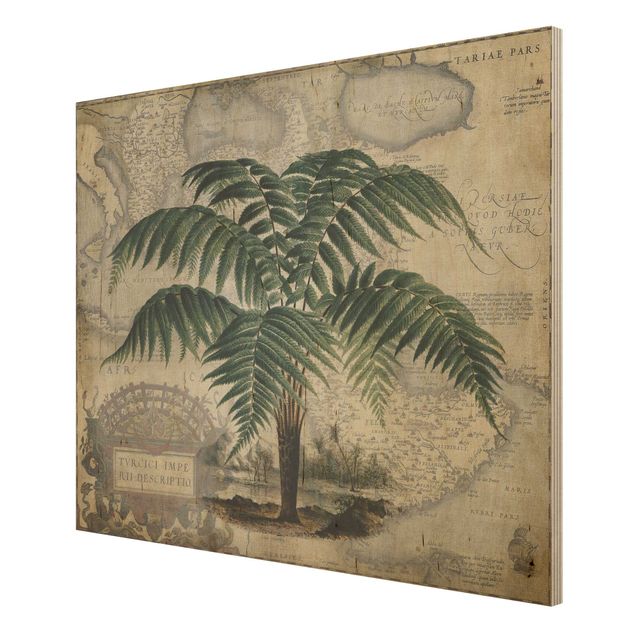 Houten schilderijen Vintage Collage - Palm And World Map