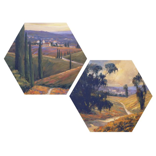 Hexagons Aluminium Dibond schilderijen - 2-delig Landscape In The Afternoon Set I