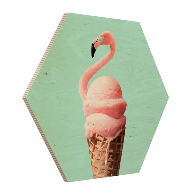 Hexagons houten schilderijen Ice Cream Cone With Flamingo
